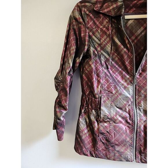 Chicos Womens S 0 Berry Purple Green Plaid Shimmer Light  Jacket 3/4  Sleeves - Picture 3 of 8